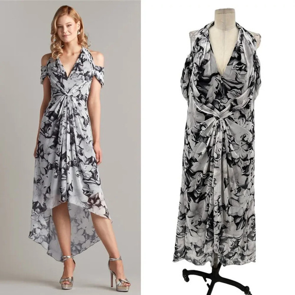 Tadashi Shoji Cobie Draped Cold Shoulder Gown‎ Dress Gray Black Size 16 - Picture 1 of 16